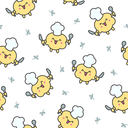 Cute popcorn character in different poses. Seamless pattern. Funny cartoon food. Hand drawn style. Vector drawing. Design ornaments.のイラスト素材