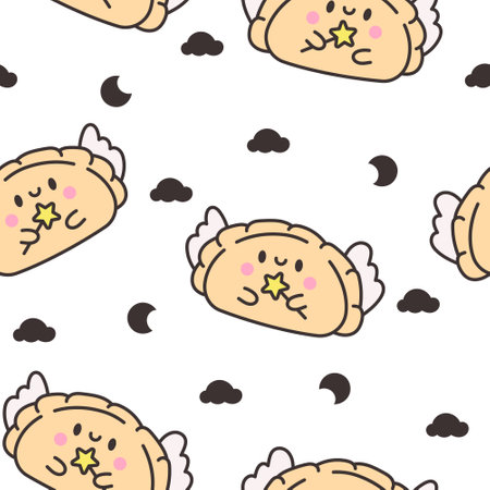 Cute kawaii dumpling. Seamless pattern. Cartoon Chinese food characters. Hand drawn style. Vector drawing. Design ornaments.のイラスト素材