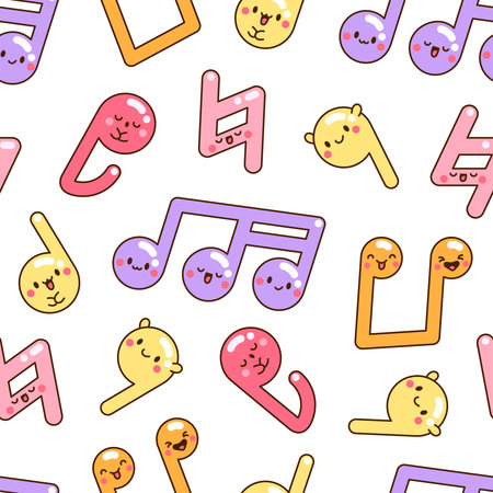 Cute kawaii music notes. Seamless pattern. Funny cartoon character. Hand drawn style. Vector drawing. Design ornaments.のイラスト素材