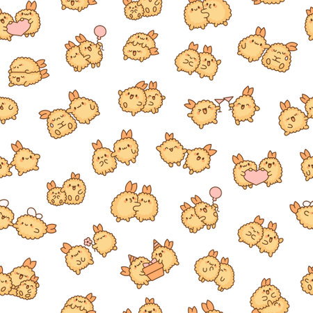 Cute couple fried shrimp tempura. Seamless pattern. Japanese food characters. Hand drawn style. Vector drawing. Design ornaments.のイラスト素材