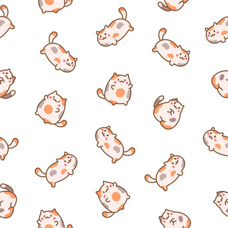 Cute kawaii little cat. Seamless pattern. Cartoon funny kitty, animals character. Hand drawn style. Vector drawing. Design ornaments.のイラスト素材