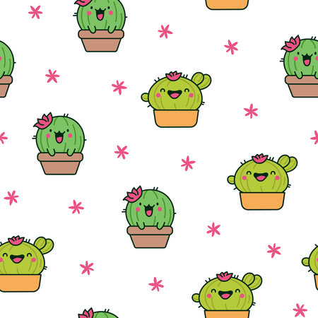 Cute kawaii cactus. Seamless pattern. Funny succulent plant with happy face. Hand drawn style....