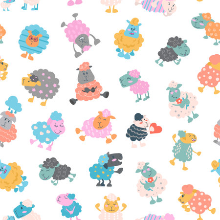 Sheep character cartoon. Seamless pattern. Cute farm animal. Flower, grass and plant. Vector drawing. Design ornaments.のイラスト素材