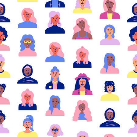 Women avatars. Seamless pattern. Portrait of casual female with different hairstyles and outfits. User profiles. Hand drawn style. Vector drawing. Design ornaments.のイラスト素材