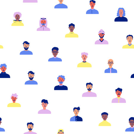 Men avatars. Seamless pattern. Portrait of casual male with different hairstyles and outfits. User profiles. Hand drawn style. Vector drawing. Design ornaments.のイラスト素材