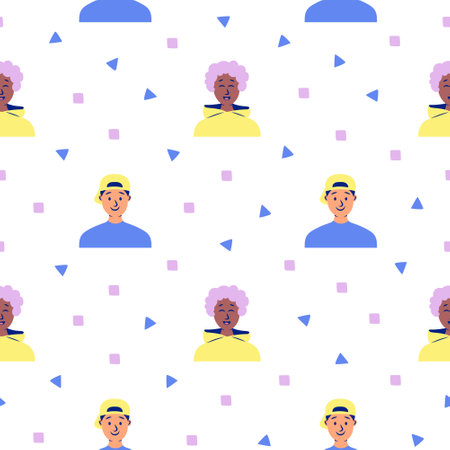 Men avatars. Seamless pattern. Portrait of casual male with different hairstyles and outfits. User profiles. Hand drawn style. Vector drawing. Design ornaments.のイラスト素材