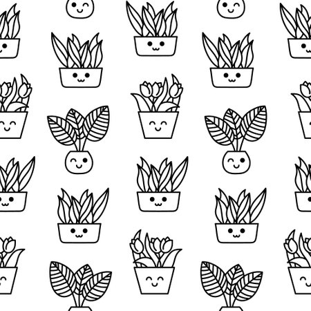 Cute kawaii flowerpot. Seamless pattern. Coloring Page. Houseplants character. Hand drawn style. Vector drawing. Design ornaments.のイラスト素材