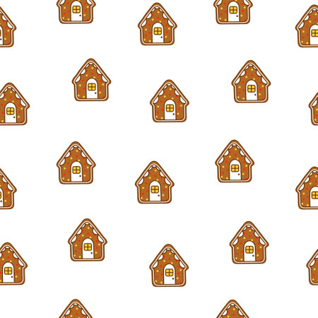 Gingerbread christmas house decorated with candies. Seamless pattern. Sweet cookie. Hand drawn style. Vector drawing. Design ornaments.のイラスト素材