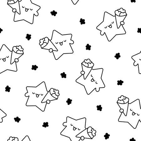 Cute kawaii stars character with different happy expression activity. Seamless pattern. Coloring Page. Hand drawn style. Vector drawing. Design ornaments.のイラスト素材