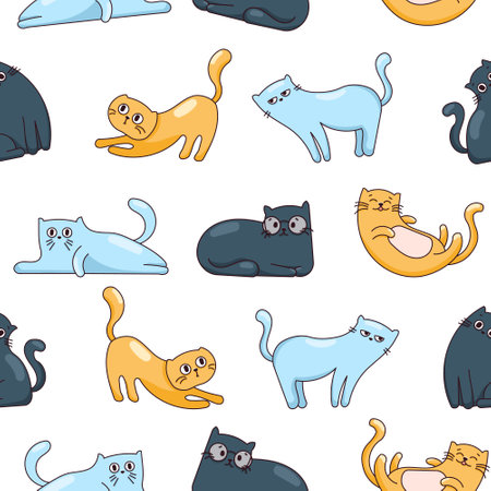Cute funny cat. Seamless pattern. Kitten character cartoon. Vector drawing. Design ornaments.のイラスト素材