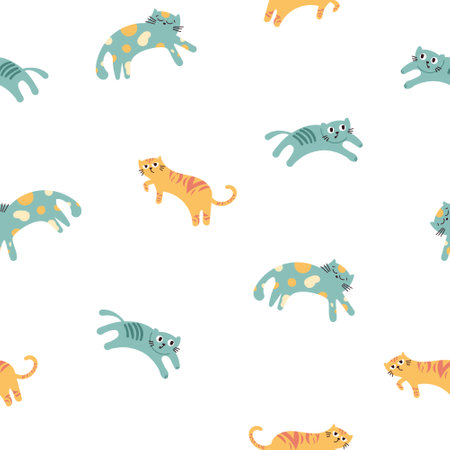 Cute funny cat. Seamless pattern. Kitten character cartoon. Vector drawing. Design ornaments.のイラスト素材