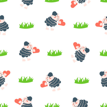 Sheep character cartoon. Seamless pattern. Cute farm animal. Flower, grass and plant. Vector drawing. Design ornaments.のイラスト素材