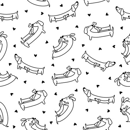 Cute cartoon long dachshund dog. Seamless pattern. Coloring Page. Puppy wagging tail. Funny pet character. Hand drawn style. Vector drawing. Design ornaments.のイラスト素材