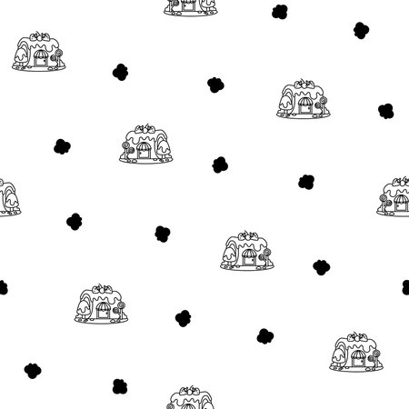 Fantasy house made of sweets and candy. Seamless pattern. Coloring Page. Cute food with doors and windows. Hand drawn style. Vector drawing. Design ornaments.のイラスト素材