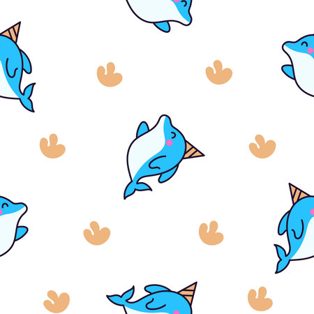Cute kawaii dolphin in different poses. Seamless pattern. Funny cartoon marine character. Hand drawn style. Vector drawing. Design ornaments.のイラスト素材