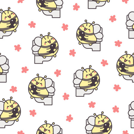 Cute animal pooping on toilet with phone. Seamless pattern. Funny cartoon characters. Hand drawn style. Vector drawing. Design ornaments.のイラスト素材