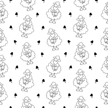 Sheep character cartoon. Seamless pattern. Coloring Page. Cute farm animal. Flower, grass and plant. Vector drawing. Design ornaments.のイラスト素材