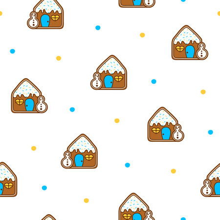 Gingerbread christmas house decorated with candies. Seamless pattern. Sweet cookie. Hand drawn style. Vector drawing. Design ornaments.のイラスト素材