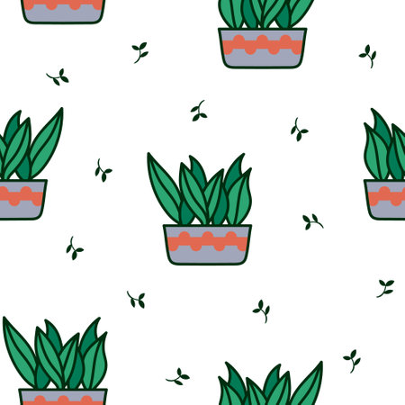 Home plants in pot. Seamless pattern. Houseplants. Indoor flowers with stems and leaves. Hand drawn style. Vector drawing. Design ornaments.のイラスト素材