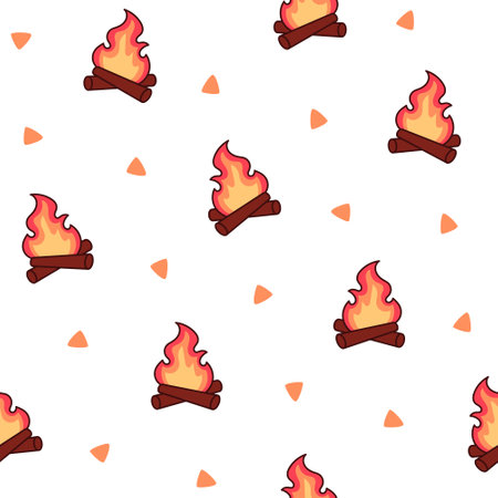 Fire flame. Seamless pattern. Bonfire and blazing burning. Hand drawn style. Vector drawing. Design ornaments.のイラスト素材