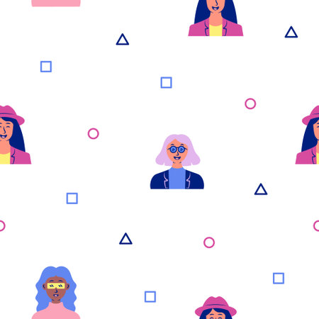 Women avatars. Seamless pattern. Portrait of casual female with different hairstyles and outfits. User profiles. Hand drawn style. Vector drawing. Design ornaments.のイラスト素材