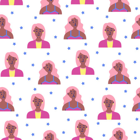 Women avatars. Seamless pattern. Portrait of casual female with different hairstyles and outfits. User profiles. Hand drawn style. Vector drawing. Design ornaments.のイラスト素材