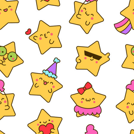 Cute kawaii stars character with different happy expression activity. Seamless pattern. Hand drawn style. Vector drawing. Design ornaments.のイラスト素材