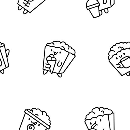 Cute kawaii popcorn character. Seamless pattern. Coloring Page. Cartoon funny striped bucket of crunchy food. Hand drawn style. Vector drawing. Design ornaments.のイラスト素材