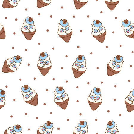 Cute kawaii ice cream characters. Seamless pattern. Cartoon sweet smiling dessert. Hand drawn style. Vector drawing. Design ornaments.のイラスト素材