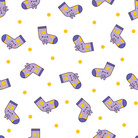 Cute kawaii socks cartoon character with different textures. Seamless pattern. Hand drawn style. Vector drawing. Design ornaments.のイラスト素材