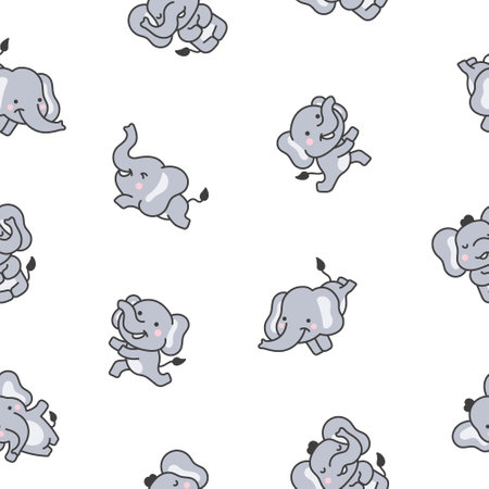 Cute cartoon baby elephant characters. Seamless pattern. Adorable little Indian animal. Hand drawn style. Vector drawing. Design ornaments.のイラスト素材