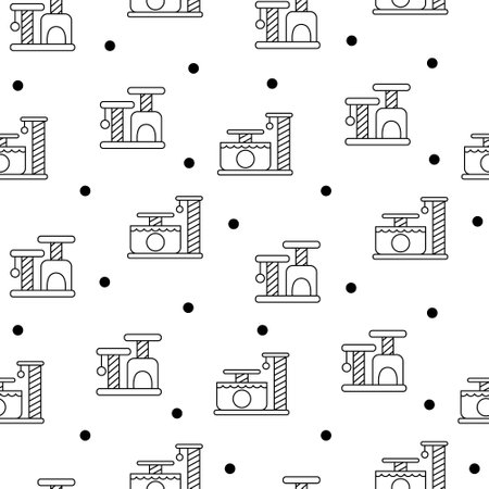 Scratching post for home cats. Seamless pattern. Coloring Page. Kitty houses and furniture. Veterinary shop merchandise. Hand drawn style. Vector drawing. Design ornaments.のイラスト素材