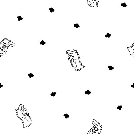 Cute crocodile character engaged in different activities. Seamless pattern. Coloring Page. Funny adorable cartoon animal. Hand drawn style. Vector drawing. Design ornaments.のイラスト素材