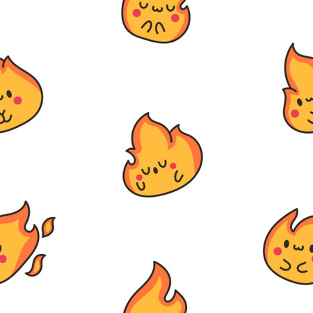 Cute kawaii little fire. Seamless pattern. Cartoon flame characters. Hand drawn style. Vector drawing. Design ornaments.のイラスト素材