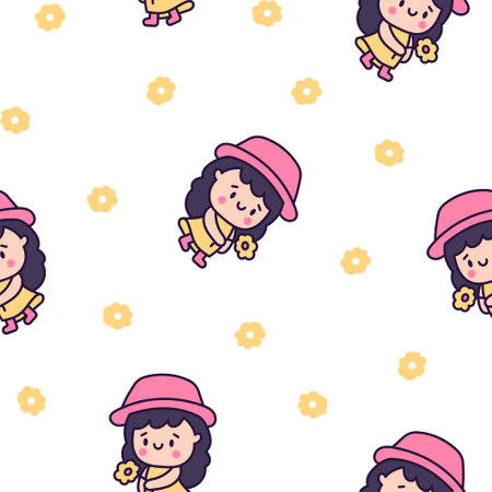 Cute kawaii little girl. Seamless pattern. Happy kid cartoon character. Hand drawn style. Vector drawing. Design ornaments.のイラスト素材