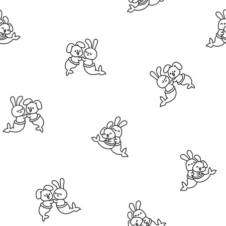 Cute kawaii bunny mermaid. Seamless pattern. Coloring Page. Cartoon little rabbit. Fantasy animal characters. Hand drawn style. Vector drawing. Design ornaments.のイラスト素材