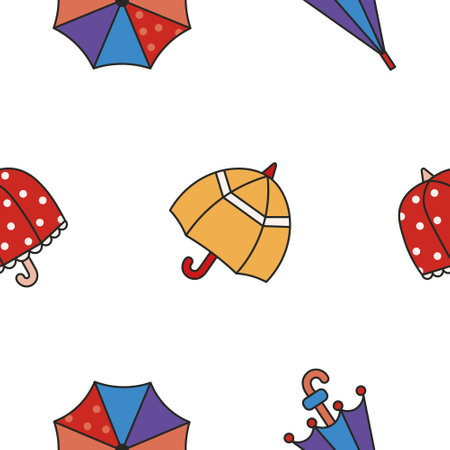 Open and closed umbrella. Seamless pattern. Autumn or spring season. Protection of rain. Hand drawn style. Vector drawing. Design ornaments.のイラスト素材