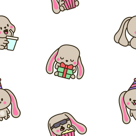 Cute kawaii bunny. Seamless pattern. Cartoon little rabbit characters. Hand drawn style. Vector drawing. Design ornaments.のイラスト素材