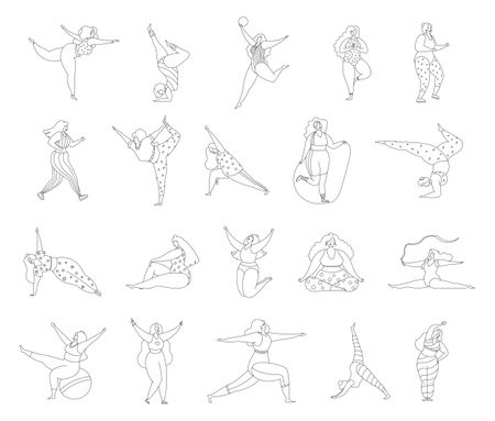 Cute woman doing fitness and yoga exercises. Coloring Page. Bodypositive girls. Hand drawn style. Vector drawing. Collection of design elements.のイラスト素材