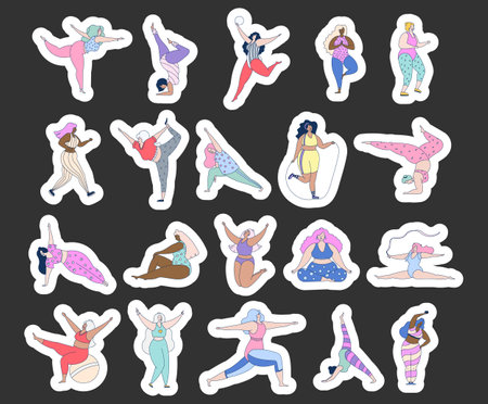 Cute woman doing fitness and yoga exercises. Sticker Bookmark. Bodypositive girls. Hand drawn style. Vector drawing. Collection of design elements.のイラスト素材