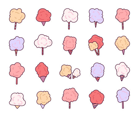 Cotton candy is a delicacy at carnivals and fairs. Delicate and sweet dessert. Hand style. Vector drawing. Collection of design elements.のイラスト素材