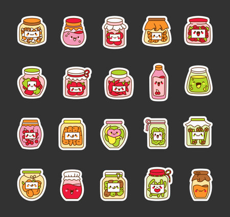Cute canned pickled vegetables and fruit jam. Sticker Bookmark. Funny cartoon jars. Hand drawn style. Vector drawing. Collection of design elements.のイラスト素材