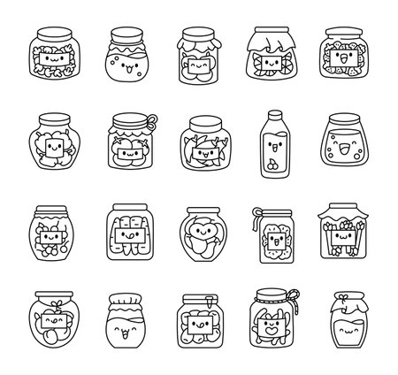 Cute canned pickled vegetables and fruit jam. Coloring Page. Funny cartoon jars. Hand drawn style. Vector drawing. Collection of design elements.のイラスト素材