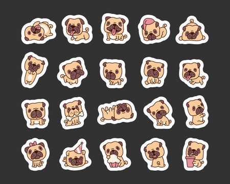 Cute little pug. Sticker Bookmark. Cartoon animal character. Hand drawn style. Vector drawing. Collection of design elements.のイラスト素材