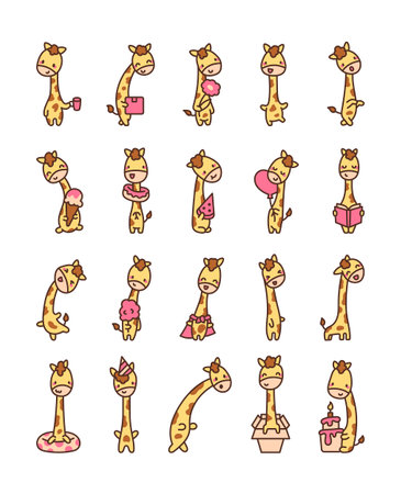 Cute kawaii giraffe. Funny animal with long neck. Hand drawn style. Vector drawing. Collection of design elements.のイラスト素材