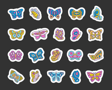 Butterfly with patterns on wings. Sticker Bookmark. Charming flying insect. Hand drawn style. Vector drawing. Collection of design elements.のイラスト素材
