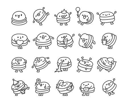 Cute macaroni character. Coloring Page. Friendly cartoon dessert. Hand drawn style. Vector drawing. Collection of design elements.のイラスト素材