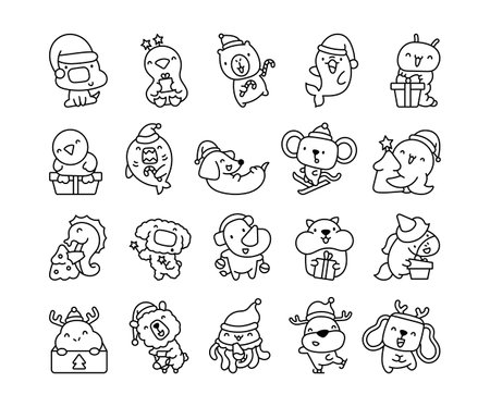 Happy Christmas animals. Coloring Page. Holiday cartoon character. Hand drawn style. Vector drawing. Collection of design elements.のイラスト素材