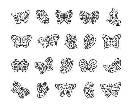 Butterfly with patterns on wings. Coloring Page. Charming flying insect. Hand drawn style. Vector drawing. Collection of design elements.のイラスト素材
