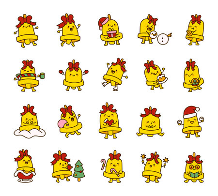 Cute kawaii cartoon outline Christmas Bell collection with different poses and holiday festive items for winterのイラスト素材